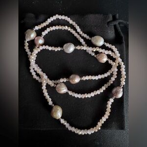 NWT 10-12MM Cultured Freshwater Pearl Pink Crystal Rhodim over 925 32" Necklace